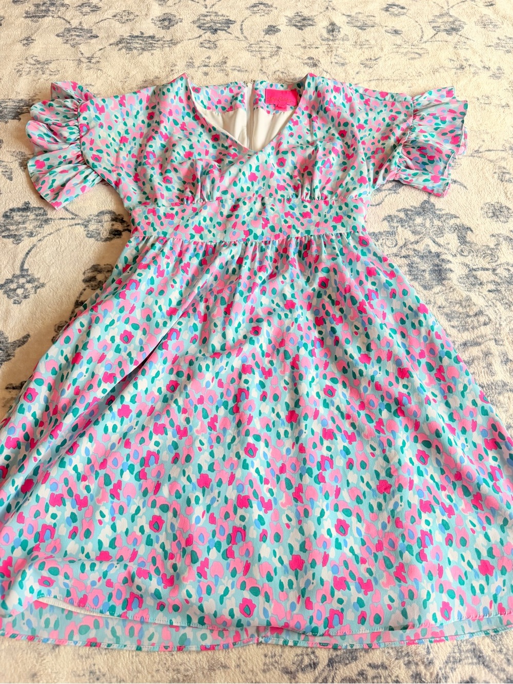 Girls' Pink & Aqua Printed Ruffle Sleeve Dress
